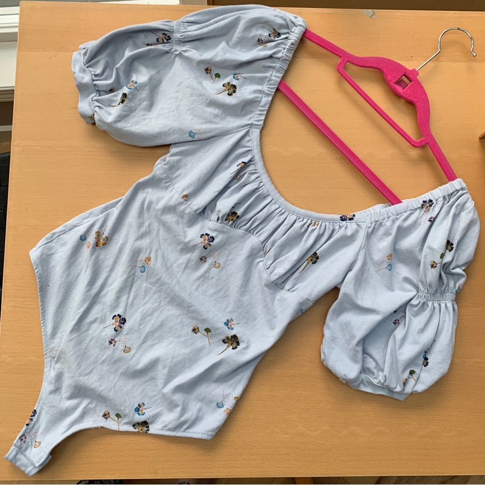 Intimately Free People Boho Light Blue Floral Bodysuit Cottagecore Coquette Puff - Picture 2 of 9